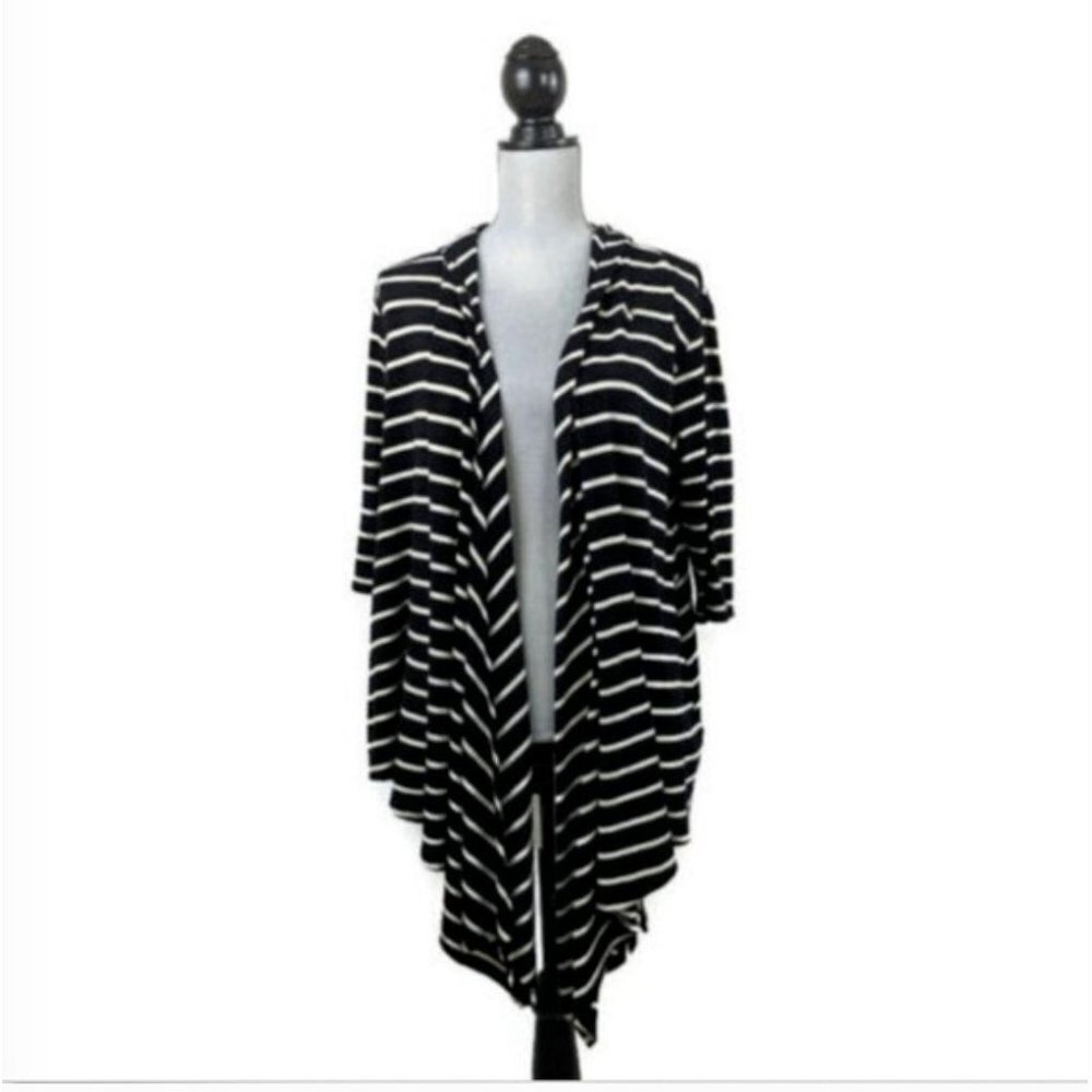 Anne Klein Sweater Womens Small Open Front‎ Hooded 3/4 Sleeve Black White Stripe
